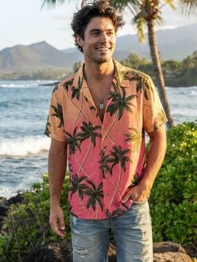 Oakridge Men’s Pink Peach Palm Tree Tropical Hawaiian Shirt Resort Vacation M